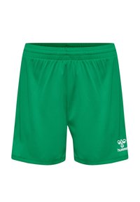 Zielone szorty sportowe wykonane z gładkiego, lekkiego materiału. Posiadają elastyczny pas i biały logo po lewej stronie.
