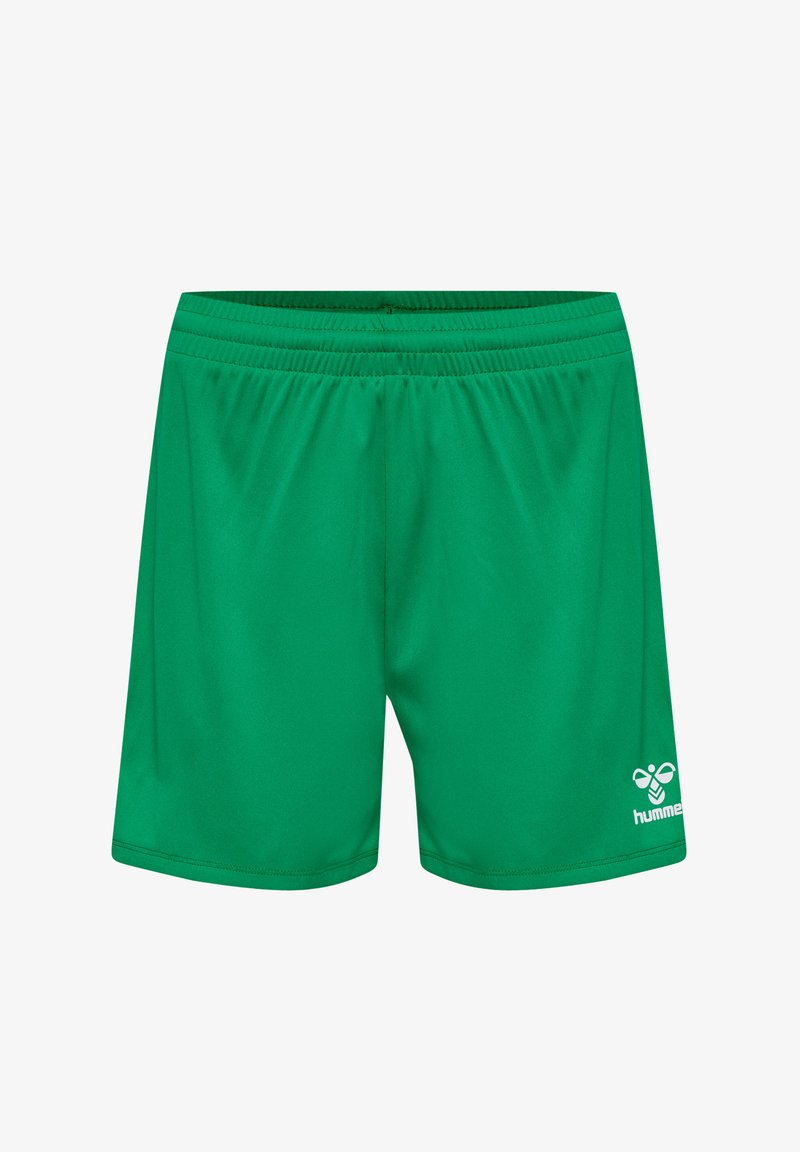 Zielone szorty sportowe wykonane z gładkiego, lekkiego materiału. Posiadają elastyczny pas i biały logo po lewej stronie.