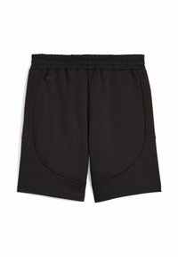 Sorte atletiske shorts med elastisk talje, glat tekstur og sidelommer med buede sømme. Fremstillet af åndbart materiale.