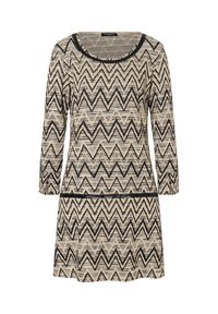 Strickkleid mit Zickzackmuster in Schwarz und Beige. Es hat einen runden Halsausschnitt und drei Viertelärmel, mit einem lockeren Schnitt und weicher Textur.