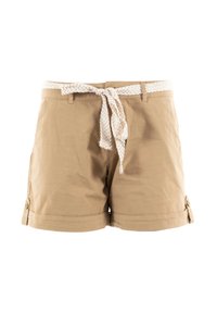 Pantaloni corti color khaki con una cintura intrecciata in bianco e beige, con risvolti e bottoni laterali per la regolazione. Tessuto in cotone liscio.