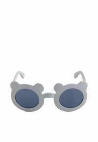 Lunettes en forme d'ours avec une monture grise mate, des verres ronds bleus et des accents au niveau des oreilles. Le design est ludique et unique.