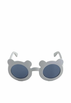 Bärenförmige Sonnenbrille mit mattem grauem Rahmen, runden blauen Gläsern und Ohrakzenten. Das Design ist verspielt und einzigartig im Stil.