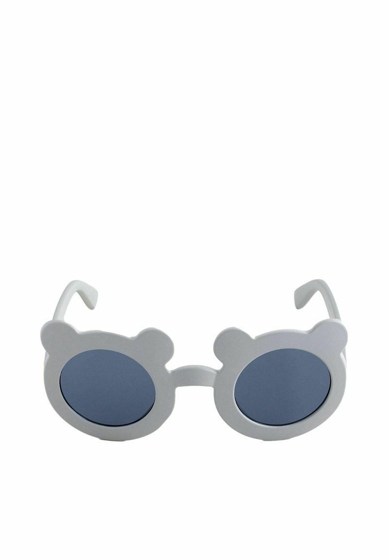 Lunettes en forme d'ours avec une monture grise mate, des verres ronds bleus et des accents au niveau des oreilles. Le design est ludique et unique.