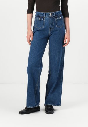 Wide-leg denim jeans in dark blue, made from textured cotton, featuring a high waist, two front pockets, and a button closure.