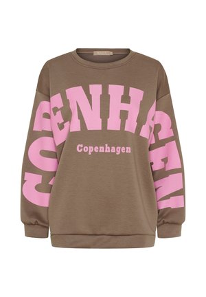 Brun sweatshirt med stor rosa "COPENHAGEN"-tekst buet over brystet og ærmerne, rund hals og ribstrikkede ærmegab og kant.