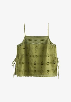 Olivovo zelená tielková blúzka s kvetinovými otvormi, čipkovaným lemom, tenkými nastaviteľnými ramienkami a bočnými viazačkami na bielom pozadí.