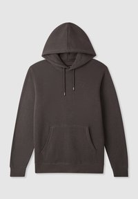 Felpa con cappuccio grigia realizzata in tessuto morbido, con tasca frontale, coulisse coordinate e polsini e orlo a coste.