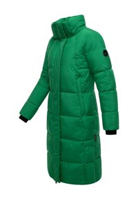 Grüne Puffermantel mit hohem Kragen, langen Ärmeln und schwarzen Bündchen. Verfügt über ein gestepptes Design und eine schlanke, gerade Silhouette.
