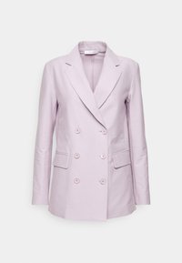 Fioletowa marynarka dwurzędowa z wyłami, dwoma przednimi kieszeniami i detalem guzikowym. Wykonana z gładkiego materiału w dopasowanym kroju.