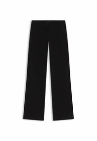 Zwarte wijd-uitlopende broek gemaakt van een gladde stof. Beschikt over twee zijzakken en een nette zoom. Eenvoudig ontwerp zonder zichtbare patronen of hardware.