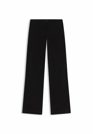 Schwarze weit geschnittene Hose aus glattem Stoff. Verfügt über zwei seitliche Taschen und einen sauberen Saum. Einfaches Design ohne sichtbare Muster oder Beschläge.