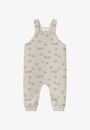 Beige katoenen overall met een gestructureerd patroon van kleine egels. Het heeft verstelbare bandjes en elastische enkels.