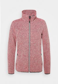 Veste polaire à rayures rouges et grises avec col montant, fermeture éclair complète à l'avant et accents noirs. Dotée de poignets élastiques et de poches latérales.