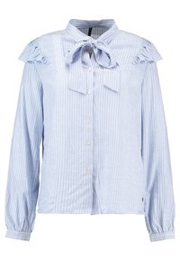 Himmelblaue gestreifte Bluse mit Rüschendetails an den Schultern, einem gebundenen Kragen und Knopfverschluss. Verfügt über lange Ärmel mit gerafften Manschetten.