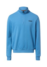 Lichtblauwe pullover met halve ritskraag, geribbelde manchetten en tailleband. Voorzien van een klein zwart logo op de borst.