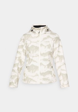 Biała kurtka z jasnoszarym abstrakcyjnym wzorem, na zamek błyskawiczny, z regulowanym kapturem i kieszeniami bocznymi. Wykonana z miękkiego, teksturowanego materiału.