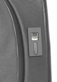 Black textured fabric with a USB-C port and power button. Accentuated by a sleek black casing and subtle logo detail.