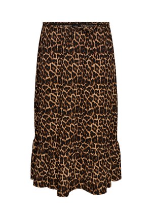 Spódnica o średniej długości z wzorem w cętki lamparta, elastyczną talią i falbaną na dole.