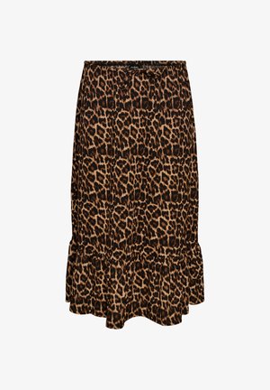 Spódnica o średniej długości z wzorem w cętki lamparta, elastyczną talią i falbaną na dole.