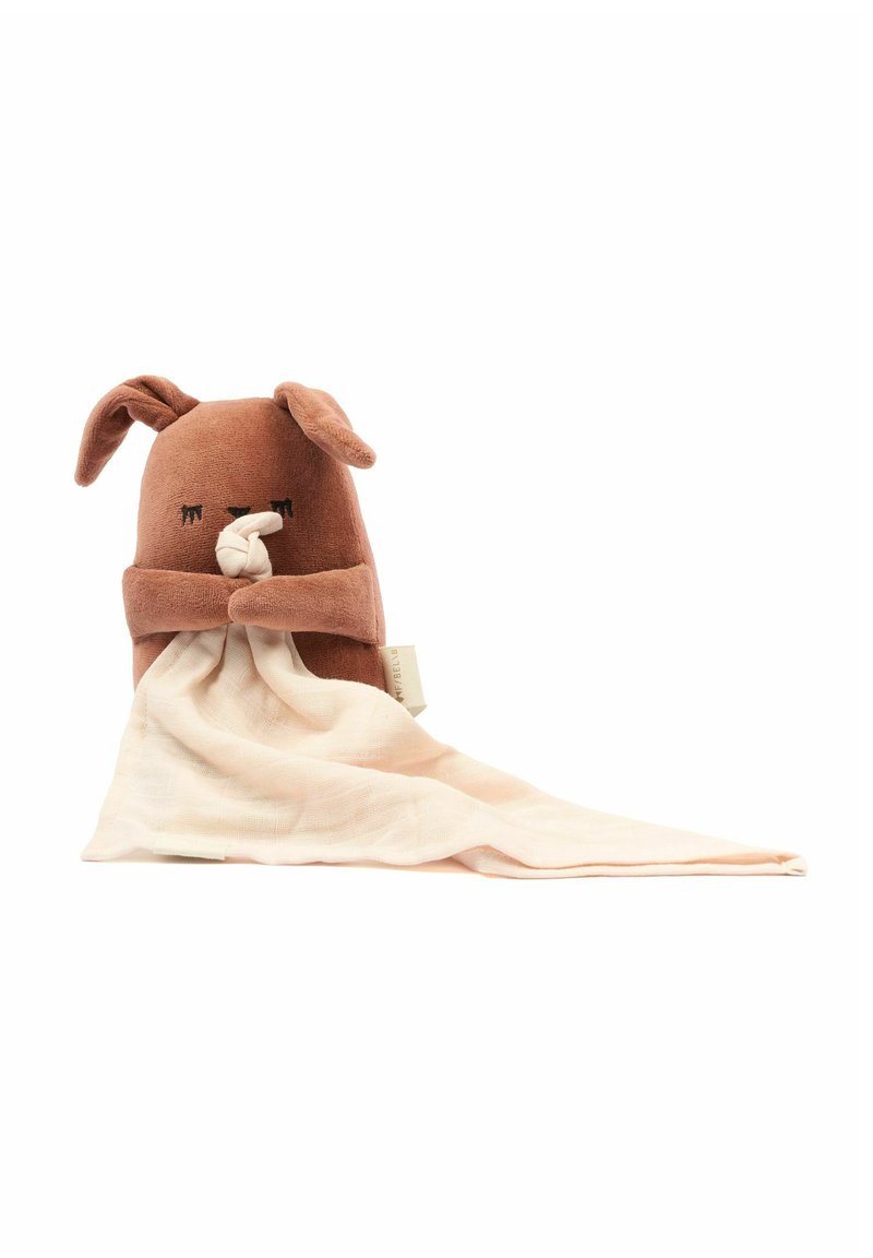 Brown plush dog with floppy ears and a knotted muzzle, holding a light pink muslin blanket. Features stitched eyes and a rounded body shape.