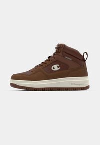 Brown waterproof high-top sneaker with suede and textile upper, featuring a white midsole, brown rubber outsole, and logo detailing.