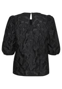 Svart blus i textur med puffärmar. Nyckelhålsbackstängning och lös passform. Materialet har en subtil mönstrad yta.