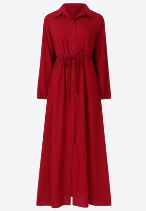 Lungo abito rosso con scollo con colletto, bottoni sulla parte anteriore, coulisse elastica in vita e maniche lunghe a sbuffo. Realizzato in tessuto leggero.