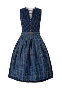 Marineblaues Kleid mit V-Ausschnitt, dekorativen Knöpfen und einem gemusterten Faltenrock. Verfügt über einen silberfarbenen Akzent an der Taille. Material aus Baumwollmischung.