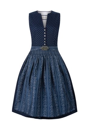 Navy blue dress with a v-neck, decorative buttons, and a patterned pleated skirt. Features a silver-tone accent at the waist. Cotton blend material.