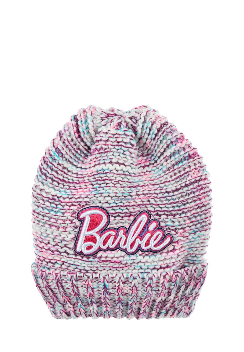 Berretto di maglia in colori pastello con un motivo misto di rosa e blu. Presenta un logo "Barbie" ricamato ben visibile sulla parte frontale.
