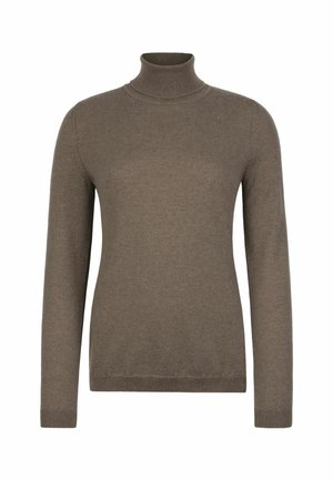 Brun langærmet turtleneck sweater med ribbet krave, manchetter og kant på hvid baggrund.