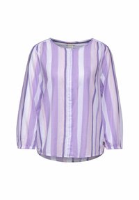 Camicia a righe viola chiaro realizzata in tessuto traspirante. Presenta un collo rotondo, una patta con bottoni sulla parte anteriore e maniche lunghe con polsini arricciati.