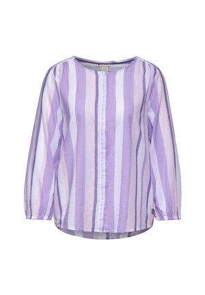 Camicia a righe viola chiaro realizzata in tessuto traspirante. Presenta un collo rotondo, una patta con bottoni sulla parte anteriore e maniche lunghe con polsini arricciati.