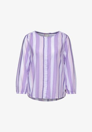 Light purple striped shirt made of breathable fabric. Features a round neckline, button front placket, and long sleeves with gathered cuffs.