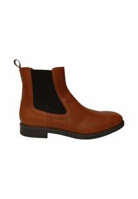 Botín Chelsea de cuero marrón con paneles laterales elásticos, puntera redondeada y un pequeño tacón. Presenta una lengüeta para facilitar su puesta.