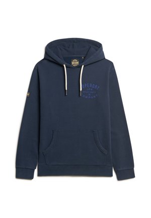 Felpa blu navy realizzata in tessuto morbido, con tasca a marsupio, cappuccio con cordino e logo "Superdry" in rilievo sul davanti.