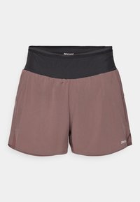 Shorts with a black elastic waistband and a mauve body. Made from lightweight fabric, featuring side slits for ease of movement and a logo detail.