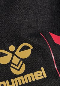 Tessuto nero con un logo dorato che presenta un design di ape e elementi stilizzati. Una sottile linea rossa accentua il bordo, aggiungendo contrasto.