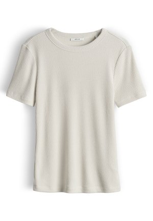 Kurzärmliges geripptes, cremefarbenes T-Shirt mit rundem Ausschnitt und figurbetonter Silhouette, auf weißem Hintergrund dargestellt.