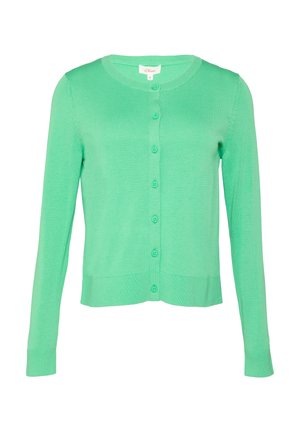 Groene, lange mouwen cardigan van zacht breimateriaal met een ronde hals en zes knopen aan de voorkant; heeft een iets verkorte zoom.