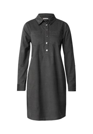 Dunkelgraues Hemdkleid mit durchgehender Knopfleiste, langen Ärmeln und zwei Brusttaschen. Aus leichtem Stoff mit glatter Textur gefertigt.