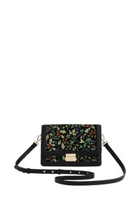 Black crossbody bag with floral embroidery in green, orange, and blue. Features a gold hardware clasp and adjustable strap. Textured surface.