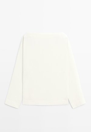 T-shirt blanc uni à manches longues et col rond, étalé à plat, montrant le dos avec un design simple et épuré, sans logos ni motifs visibles.