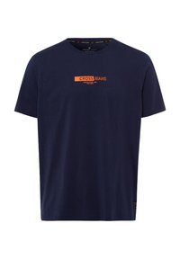 Granatowa bawełniana koszulka z krótkim rękawem i okrągłym dekoltem. Posiada pomarańczowy nadruk logo, gładką teksturę i regularny krój.