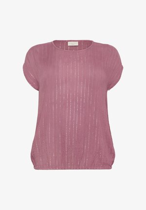 Paita lyhyillä hihoilla, jossa on pölyruusunvärinen sävy, pyöreä kaula-aukko ja pystysuorat läpikuultavat raidat, jossa on joustava helma rypistetyn istuvuuden vuoksi.