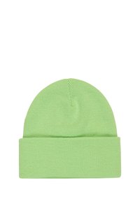 Knit beanie ve světle zelené barvě s žebrovanou strukturou a ohrnutým lemem. Vyrobeno z měkkého materiálu, vhodné do chladného počasí.