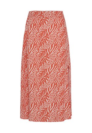 Jupe midi avec imprimé feuilles tropicales orange et beige et motif animal abstrait, coupe droite, fente latérale.