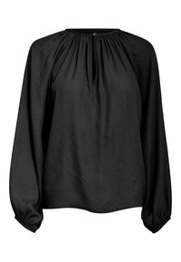 Schwarze Bluse mit langen Ärmeln aus leichtem Stoff, mit plissiertem Ausschnitt und einer Schlüssellochöffnung an der Vorderseite, sowie gerafften Ärmeln.