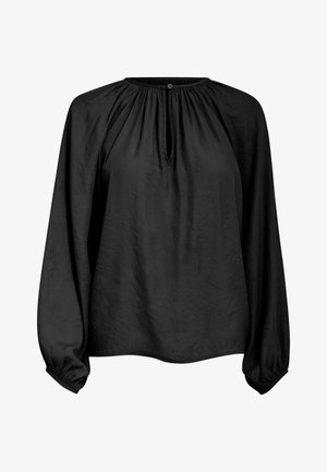 Zwarte blouse met lange mouwen van lichtgewicht stof, met een geplooide halslijn en een keyhole-opening aan de voorkant, en ingezette mouwen.